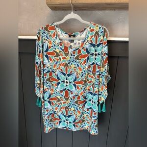 JM Collection Teal Multi-Color Floral Mosaic Split Sleeve Tassel Tunic size XL